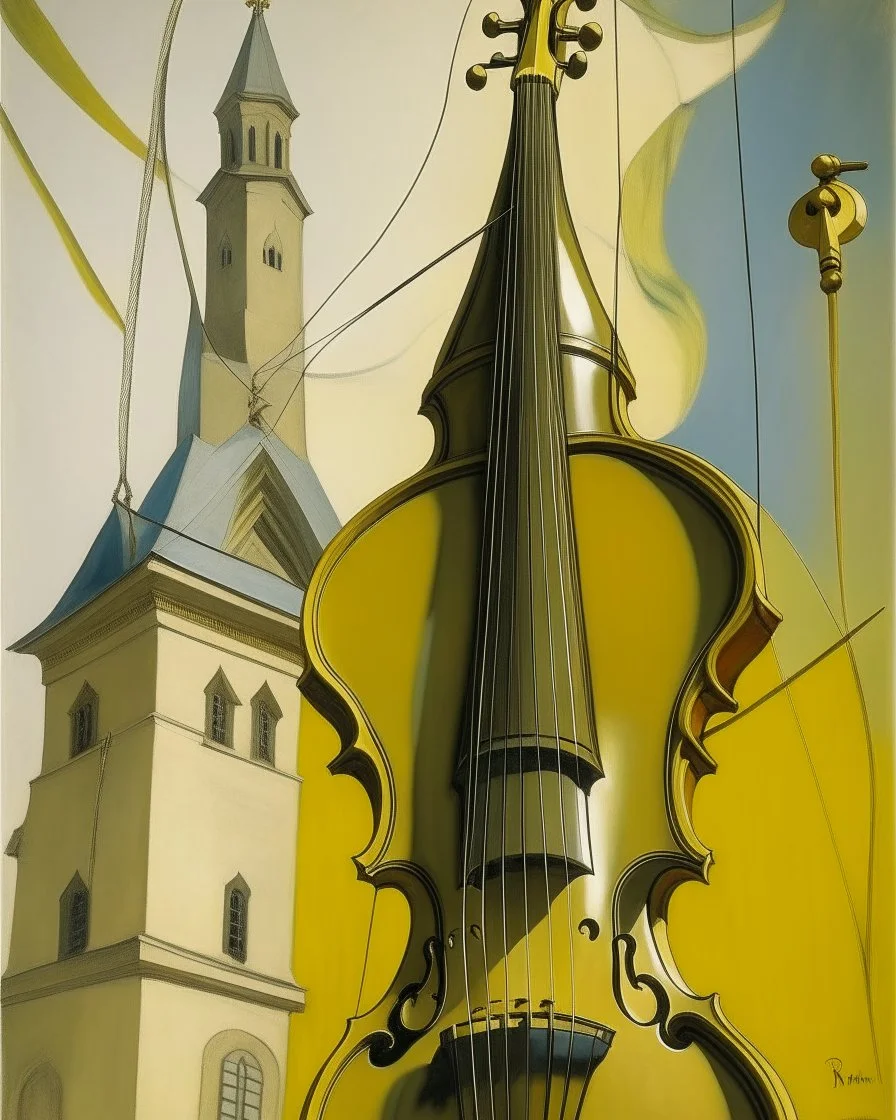 A steeple with string family instruments painted by Lyonel Charles Feininger