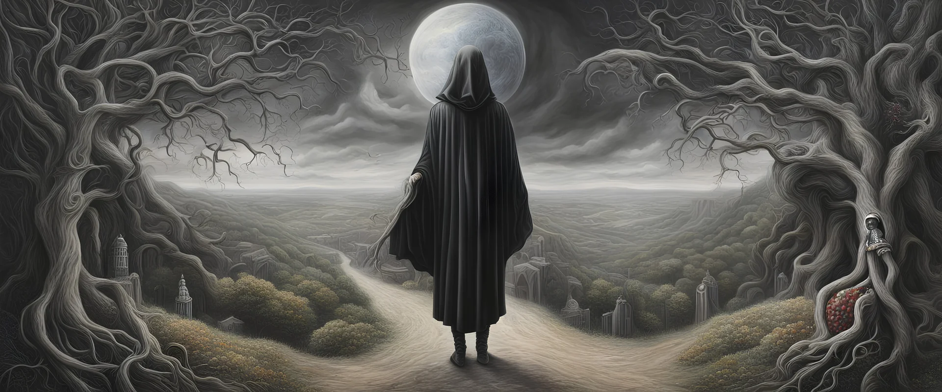 Brain makes the mind, mind makes the person. Concept art, Surrealism, grim Reaper no face, overexaggerated features, beautiful, detailed, landscape, vibrant, whimsical, ethereal, Tim burton, entangled, infinity, cosmic, colorful, hyperrealism, renaissance painting, metaphysical, laurie lipton, anthropomorphic character