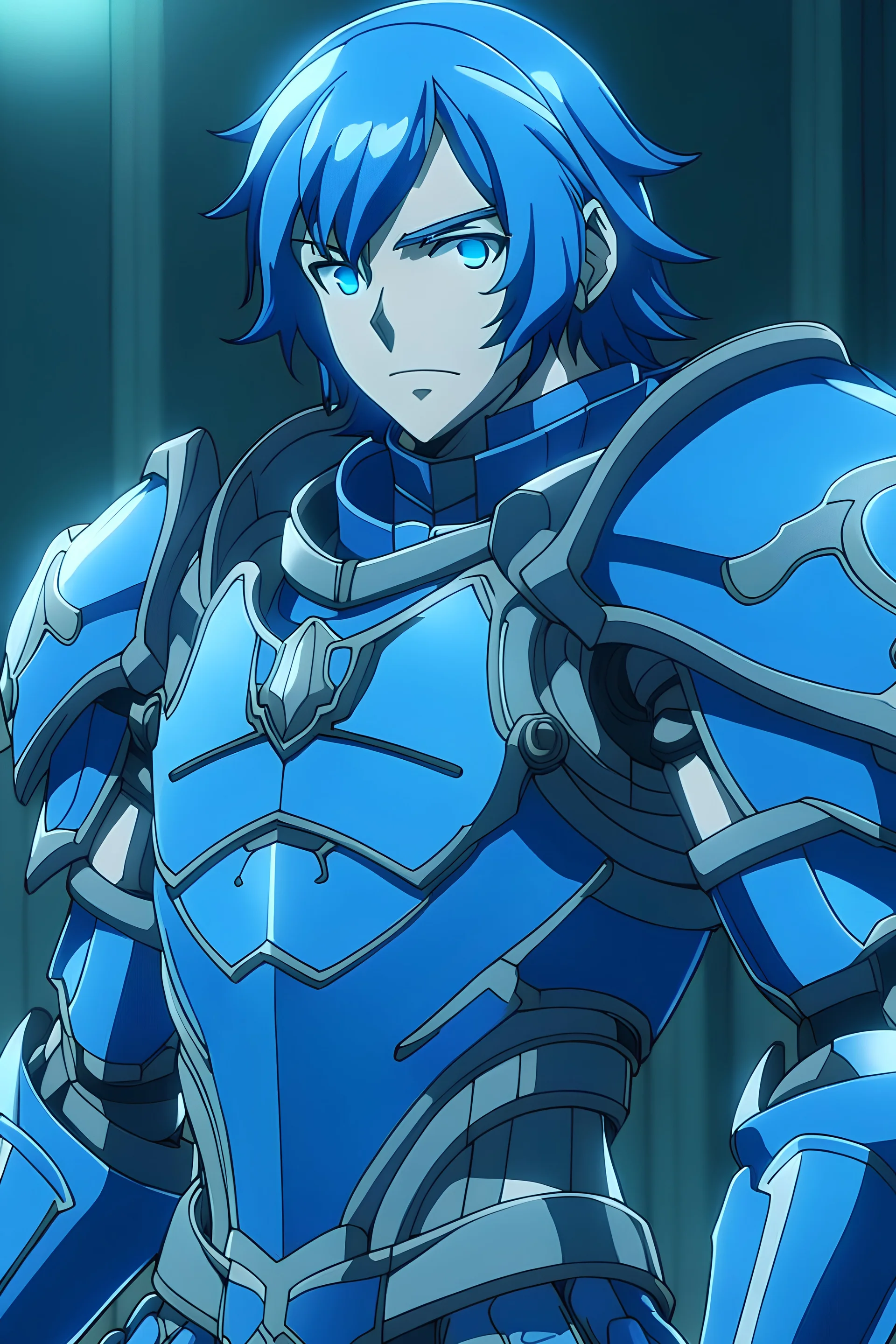 a man using a blue armor, anime style