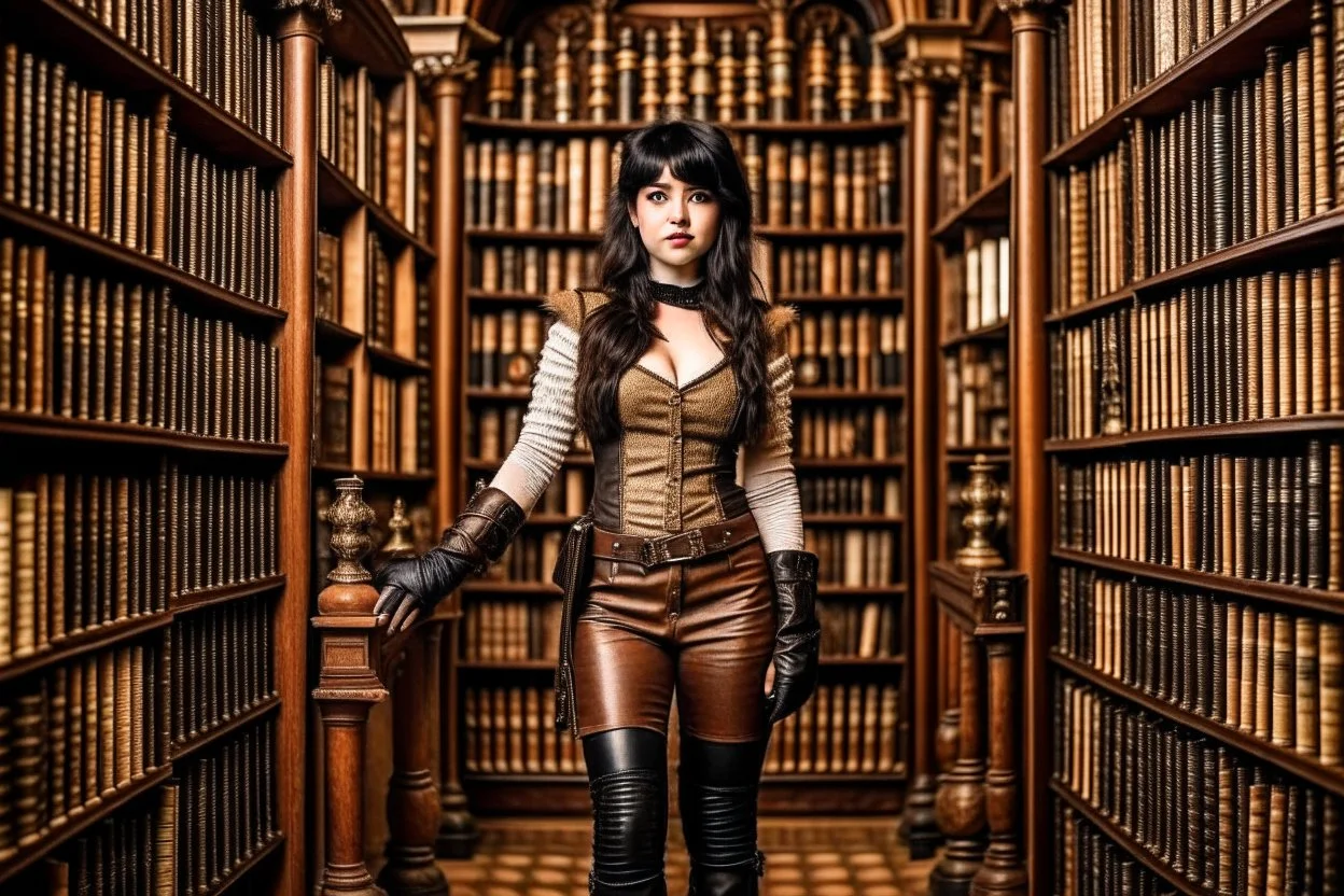 a full-length pale dark-haired woman with a straight bob hairstyle with a fringe, in a steampunk leather outfit, and gloves, standing in a steampunk library