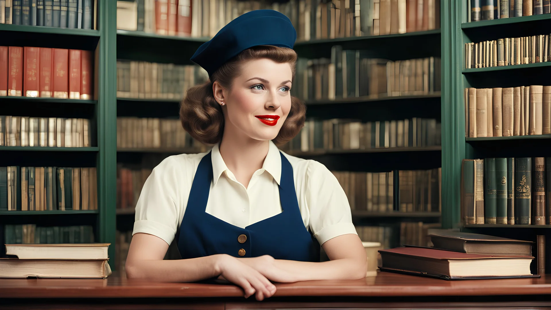 ((upper body portrait)),Photography by Garry Winogrand, a beautiful busty young woman Wearing Saddle Shoes,Wearing Navy Blue Berets,Sporting Victory Rolls Hairdo,Inside a 1950s Public Library: Packed bookshelves, green-topped tables, librarian, pale skin,highly detailed face,red lipstick, (simple background,dark background):1.2, 1960s style,retro,vintage,old photo style,vibrant colors,