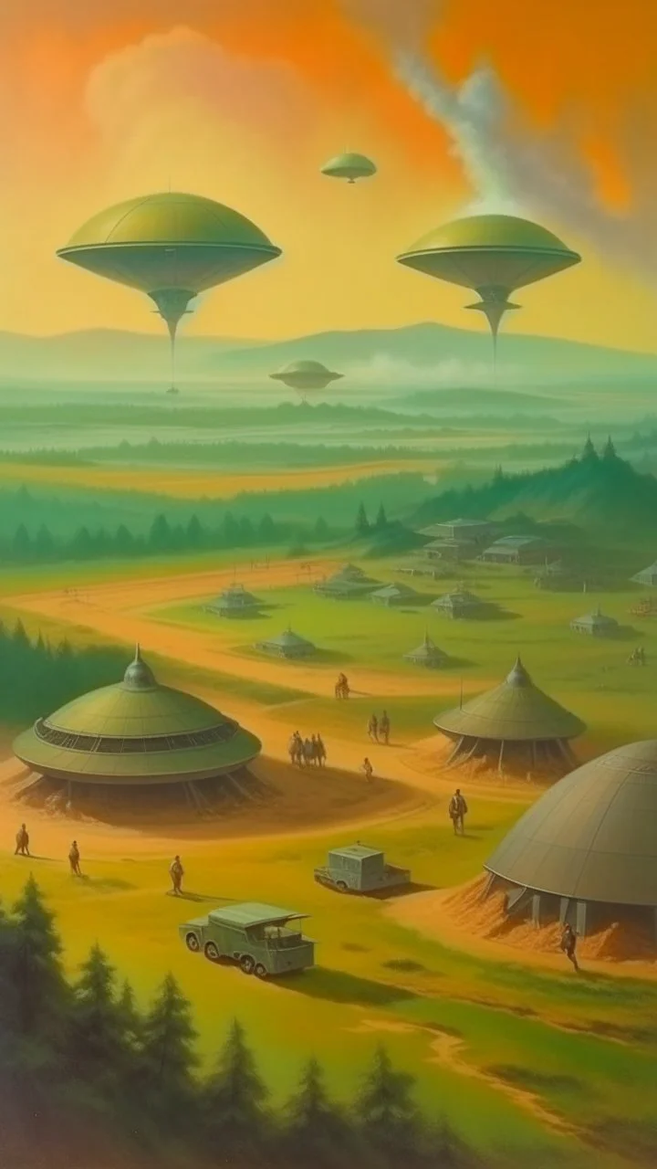 vintage style painting of an army camp with modern weapons base and rocket bases foggy an aerial view a ufo spacecraft hovering above and army is shorting the ufo