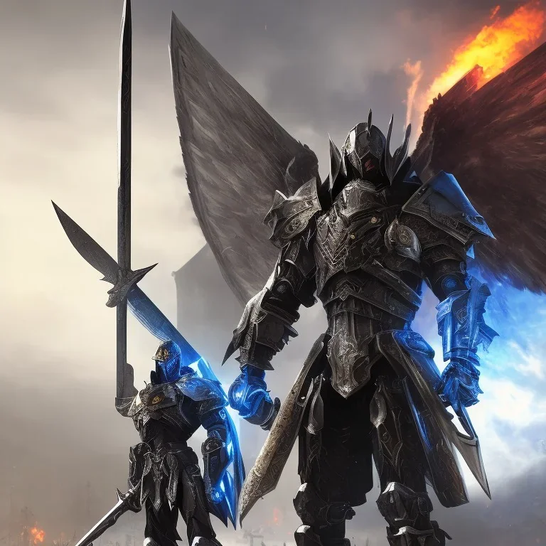 Human male Winged Warrior Knight in black metal mech armor wielding two giant swords ready to fight, rage, sorrow, symetrical, centered, high definition, ultra 8K, volumetric lighting, blue fire, fog, extremely detailed, hyper realistic