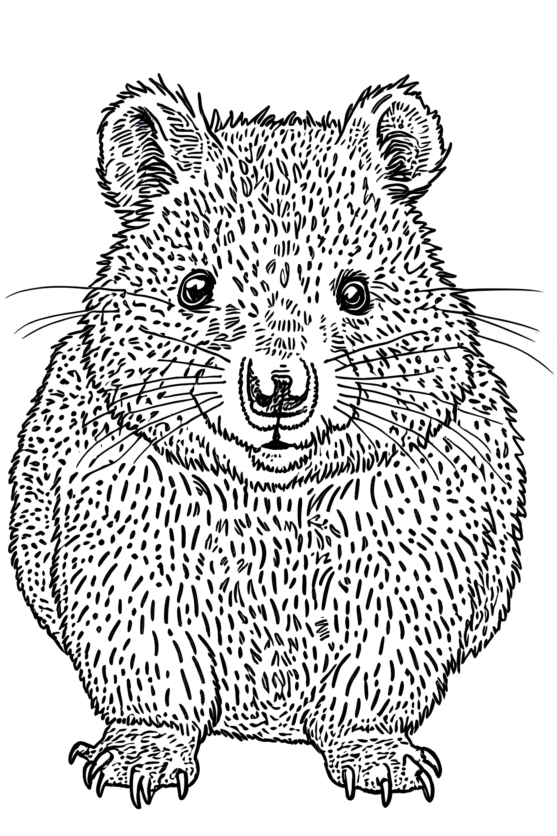 an Quokka. centered flat minimalistic black and white high contrast line drawing, coloring book style, {prompt}, (white sky, white clouds, white hair,white objects, white clothing, white fur, white skin, white terrain, white scales, white everything:1.1), blank white background.