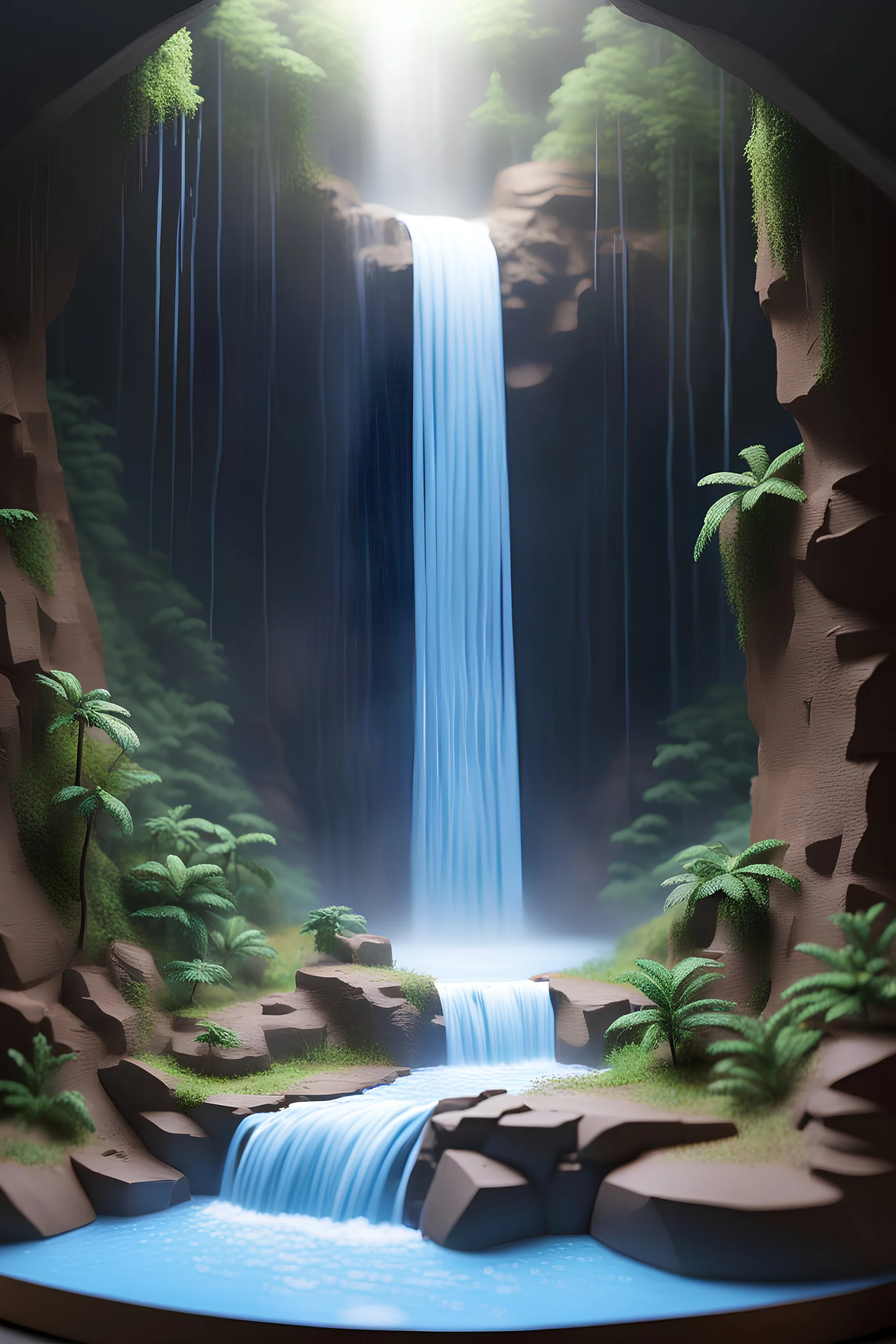 diorama waterfall, photorealistic, art by greg rutkowski, art by david mann, hypercube, 3d Design Vector Illustrations, by hazem taham, wet-erase marker, omnidimensional, volumetric lighting, smooth, anime,