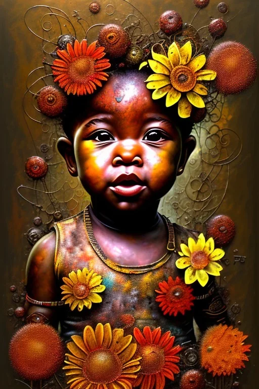 an abstract painting of rusted metal and flowers, african baby portrait, rust, scaffolding, iron cladding, decay, mixed media, textured, anatomically correct, beautiful perfect face, sharp focus, highly detailed