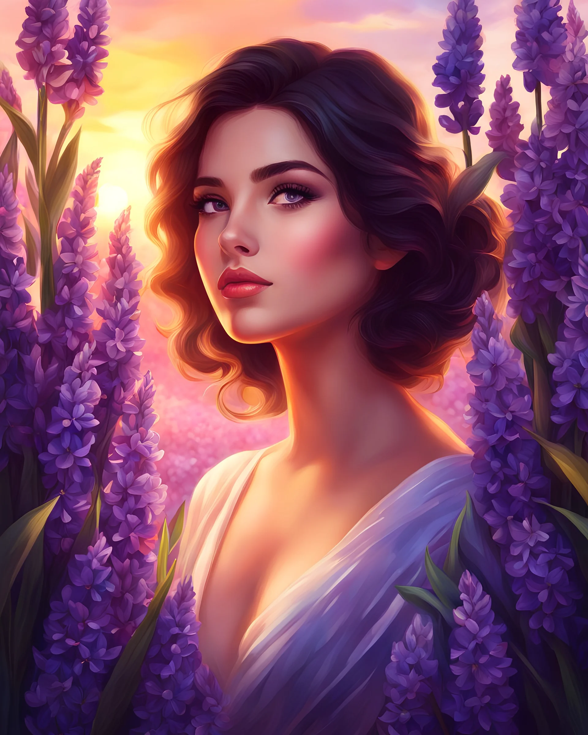 Medium view of a beautiful girl standing surrounded by full of hyacinth flowers, beautiful face, dark hair, shining eyes, sunset, back light, digital painting style, high quality, 4k