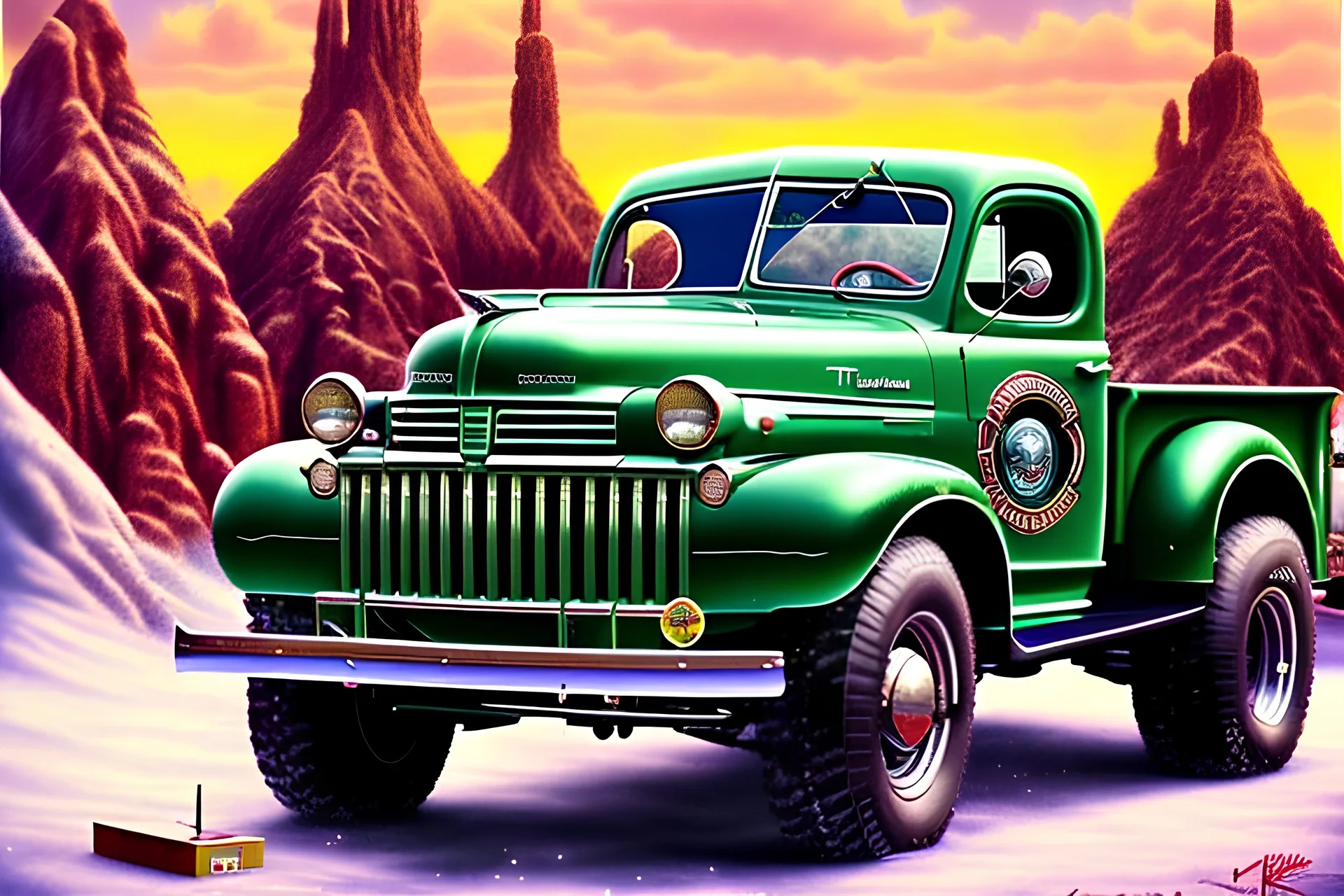 a true-to-life 1946 Dodge Power Wagon, classic wheels, centered, intricate, extreme detailed, photorealism, center view, city background, pivot on dodge, pen and color marker painting by cheryl kelley