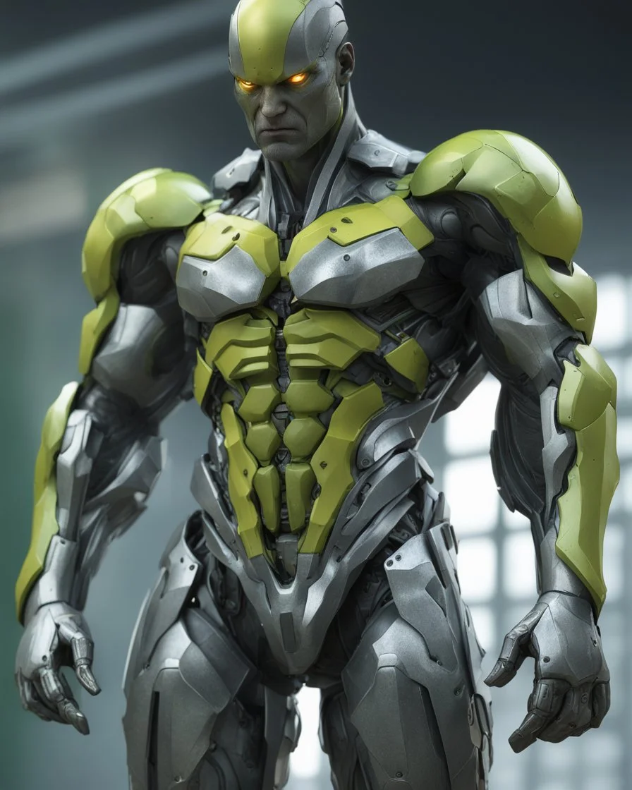 ANDROID man, torso with arms, full body armor, hyper detailed 8k colored pewter, yellow green and silver, incubus, detailed digital painting by Adam Martinakis, Howard Lyon, Alejandro Jansson, Aleksi Briclot, background art by Aaron Miller, ultra - fine detail, 16k, artstation trend, sharp focus, studio shot, intricate details