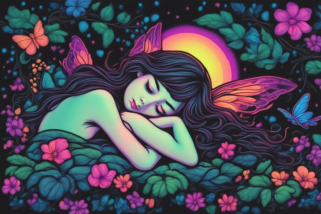 black light art neon colors cute sleeping fairy