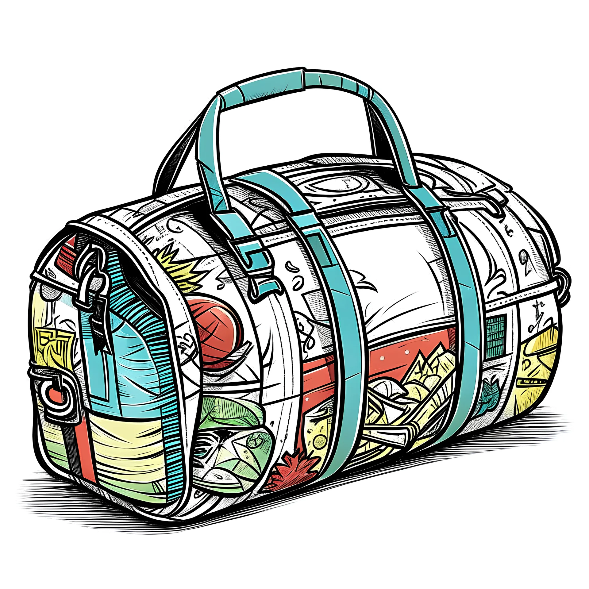 duffle bag, in a comic book style, illustration, white background,