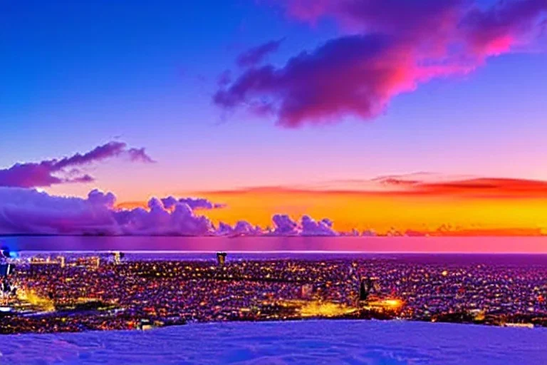 Honolulu Hawaii hotels covered in winter snow and ice at sunset, bright colors, winter wonderland