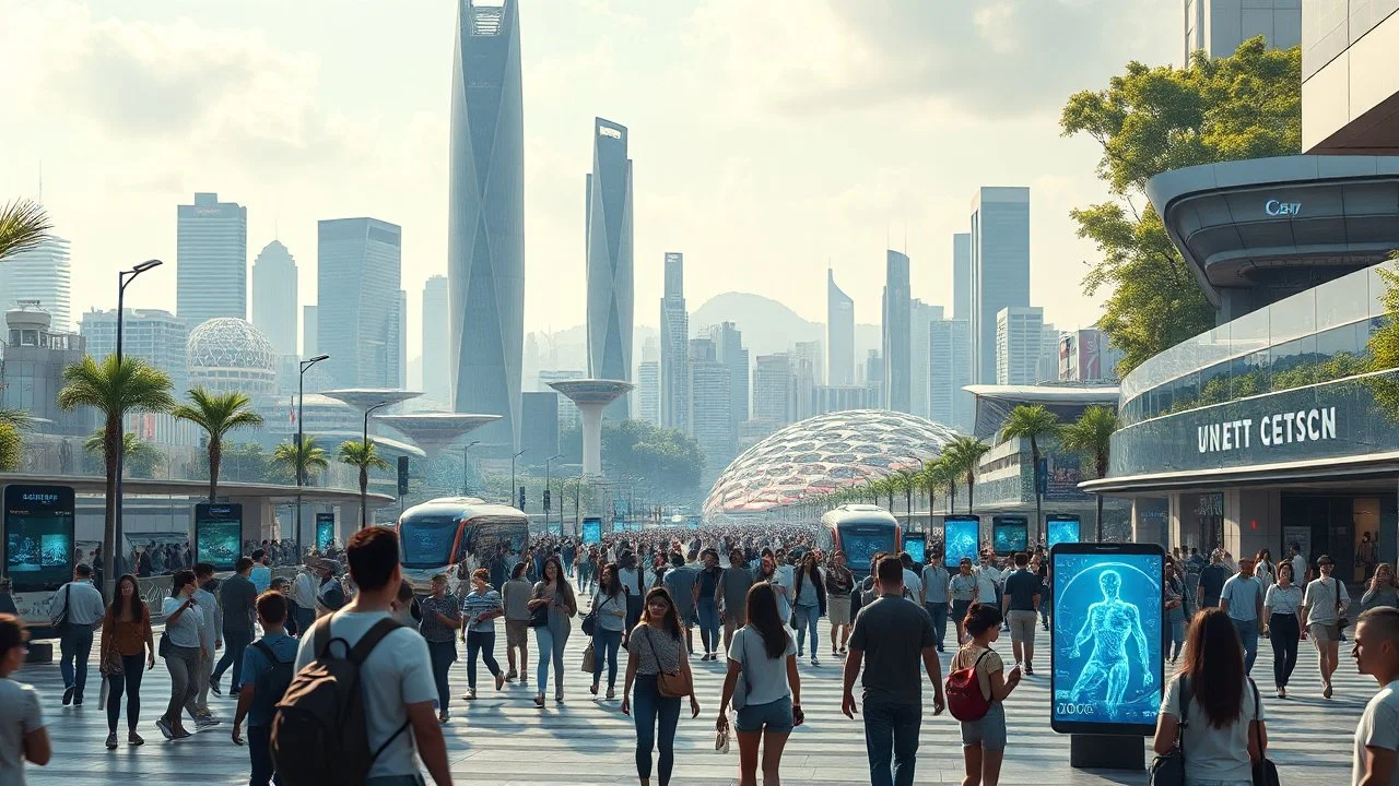 A futuristic scene depicting the bustling heart of a 2080 city center. The foreground features a diverse array of photorealistic individuals engaged with innovative, tech-enhanced elements - holographic displays, autonomous transportation, immersive public art. In the background, a panoramic vista of the larger city skyline - towering organic skyscrapers, elevated transit, verdant green spaces. Convey a sense of scale, depth and awe-inspiring technological wond