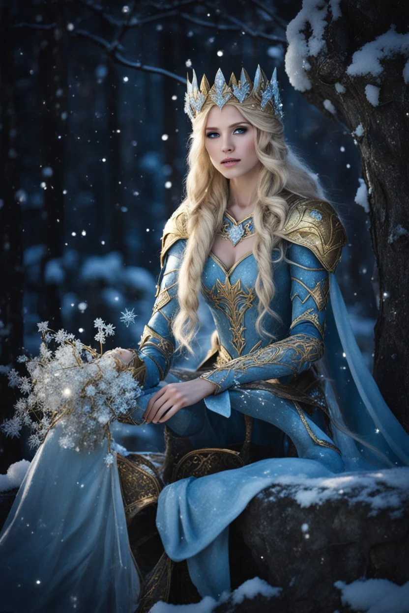 Elven princess,elven crown,long blonde golden hair,rapunzel hair,ice flowers,beautiful,light blue,dark blue,golden armor,sparkle,glitter,ice flowers,snow,elven ears,dark fairy princess