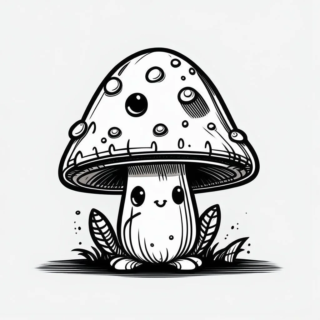 mushroom, black and white, cartoon, drawing, cute, outline, creature, simple