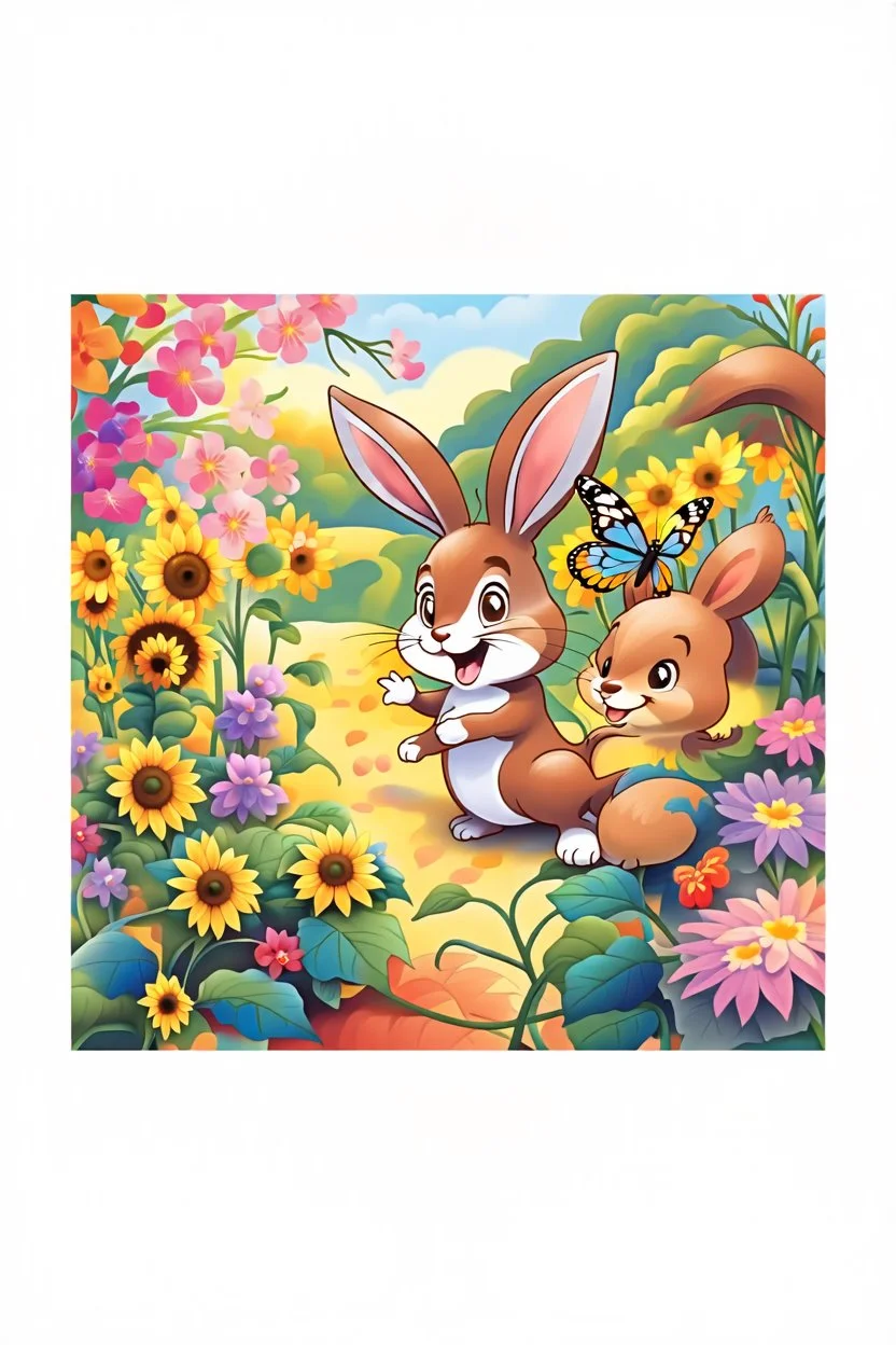 The cute bunny excitedly looks at a bright yellow sunflower in the colorful garden, the beautiful butterfly and the friendly brown squirrel are next to the bunny and smiling, child book illustration style, faces must be the same as reference image