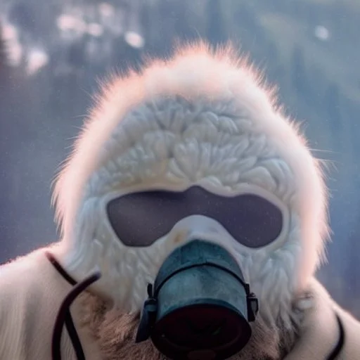 Yeti in a mask, background = (wildfires, mountains, fires, smoke, disaster)