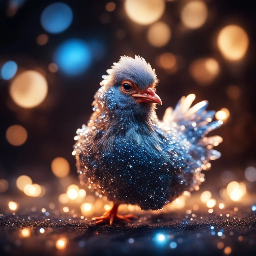 cute baby crystal chicken, sharp focus, high contrast, dark tone, bright vibrant colors, cinematic masterpiece, shallow depth of field, bokeh, sparks, glitter, 16k resolution, photorealistic, intricate details, dramatic natural lighting