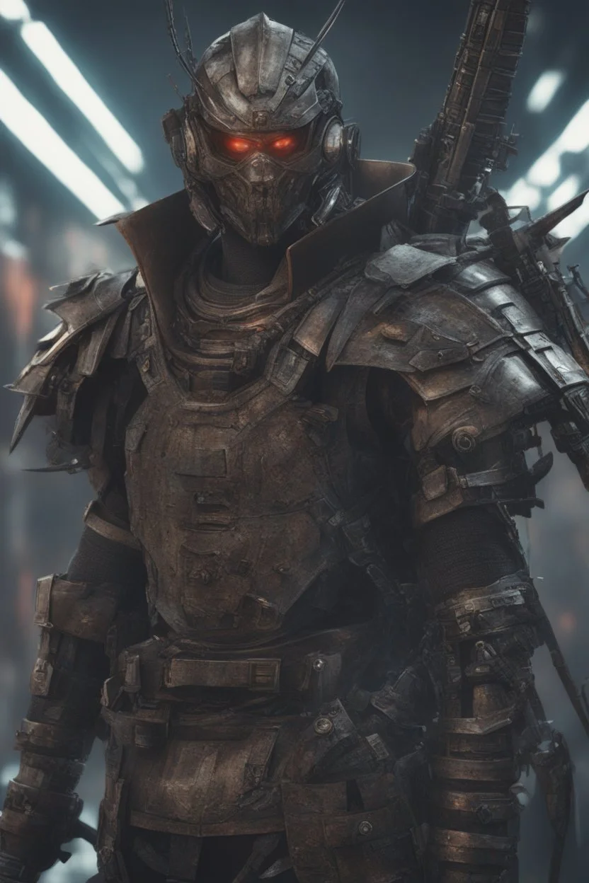 Portrait of Anime depiction of a cybernetic samurai in a post-apocalyptic setting, focusing on the intricacies of the armor and weaponry, 8k realistic