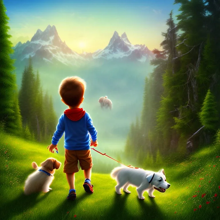 little boy walking on a moutain with a dog