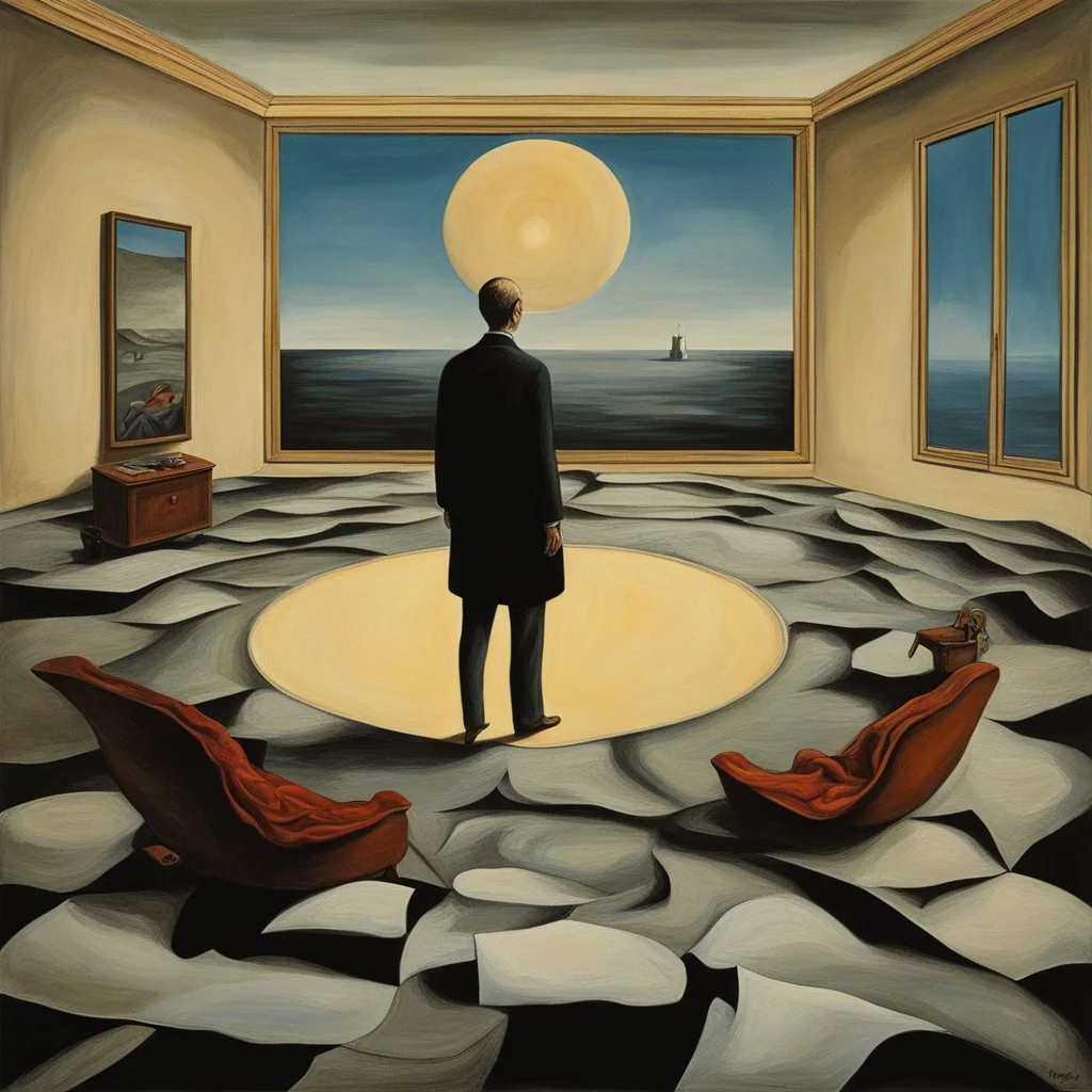 person alone in planet,cover art, surrealist painting called 'today I am thinking about time by dali and picasso and magritte and Breughel