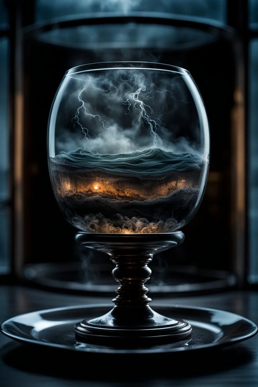 dark Storm inside a glass teacup, random background with dark colors and pale blur lights, sinister, ethereal fantasy hyperdetailed, mist, surreal, crepy stunning