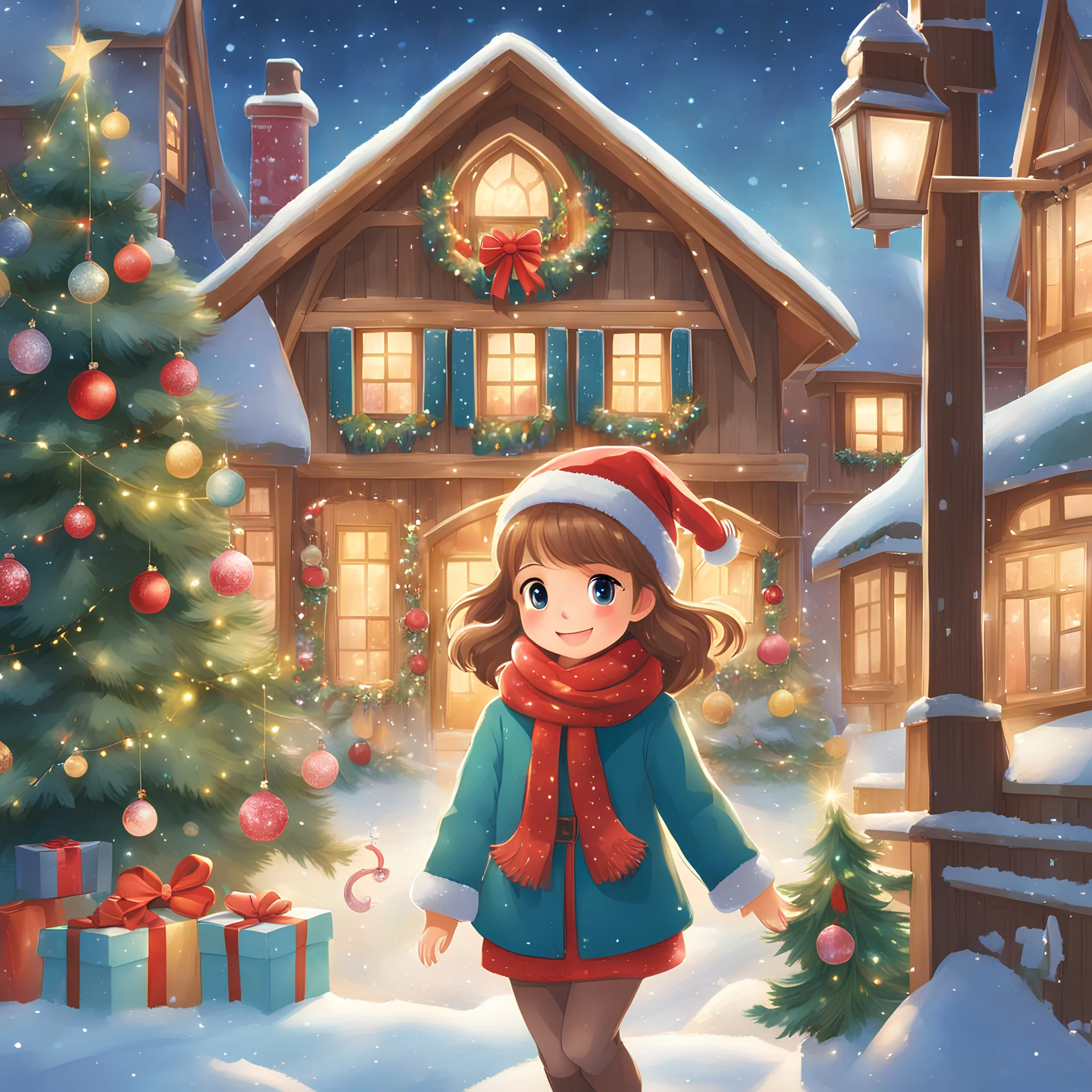 In this heartwarming children's illustration, a beautiful Christmas anime girl with shiny light brown hair fills the air with holiday cheer. Her lovely sparkling blue eyes reflect the twinkling lights around her. Surrounded by Christmas trees adorned with colorful ornaments and other festive decorations, the scene is filled with joy. Cute cottages nestled in the snow-covered landscape add a cozy touch to the illustration. The glowing lights create a magical ambiance, and the warm hues of the sun