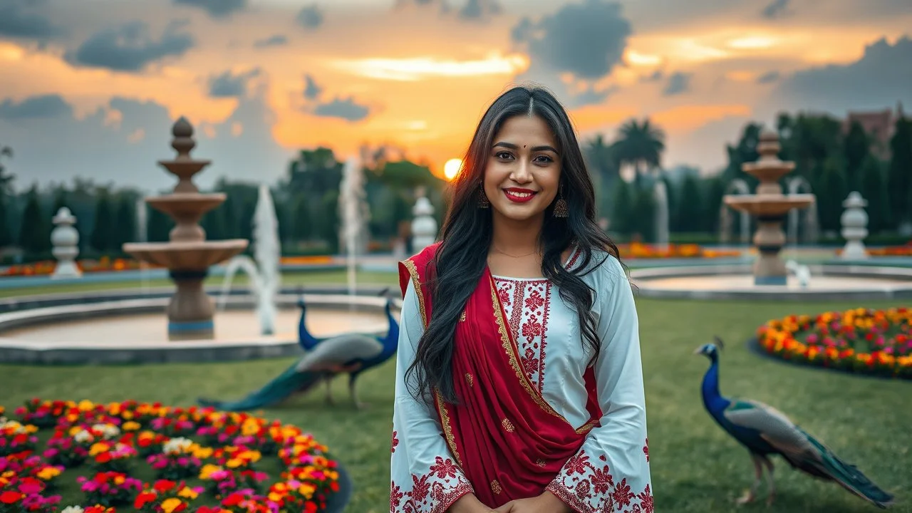 Hyper Realistic Photographic View Of A Beautiful Pashto Woman (With Beautiful Eyes Lips & Nose, & Long Black Hair; Wearing White Frock With Maroon Embroidery & Maroon Dupatta With White Embroidery) Happily Standing & Smiling In A Beautiful Colorful Flower Garden With Fancy Stone Water Fountains & Peacocks Walking On The Grass Around Her At Beautiful Cloudy Sunset Showing Dramatic & Cinematic Ambiance.