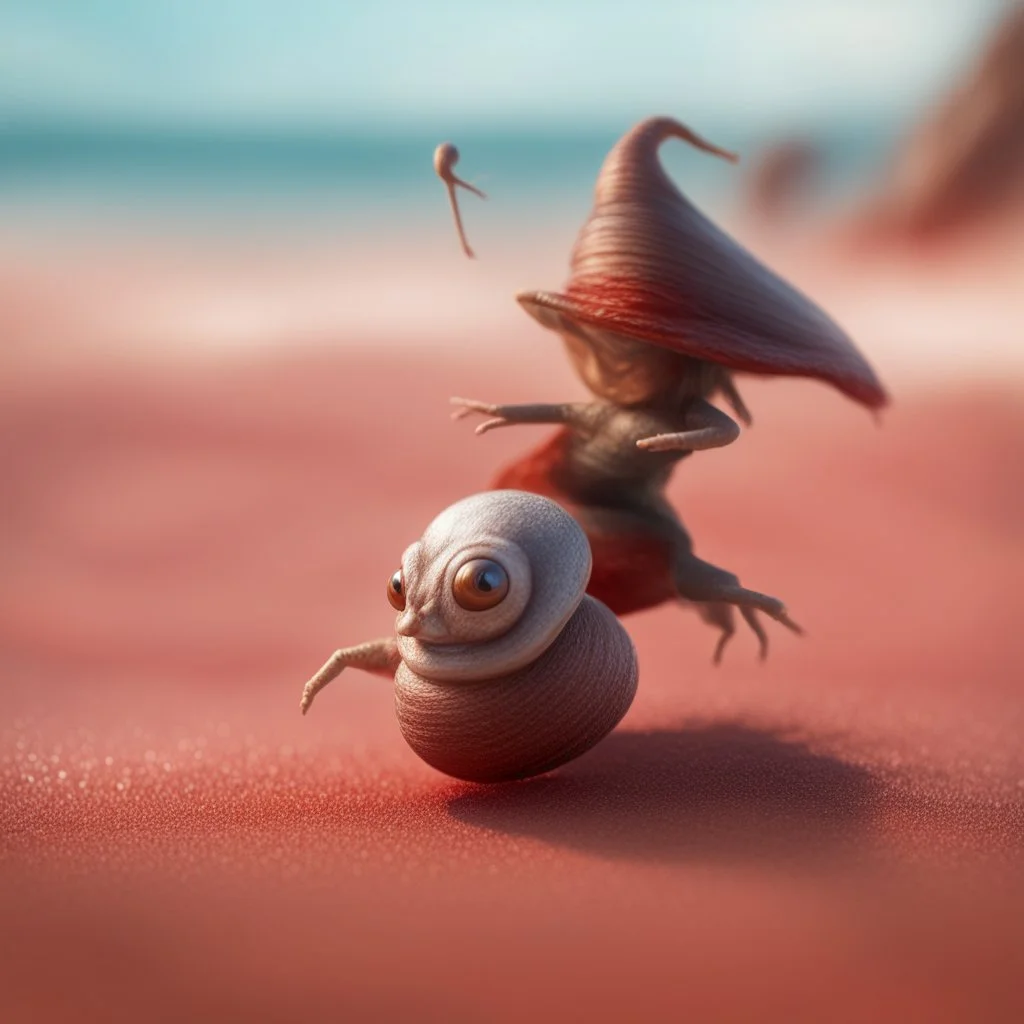 elongated gremlin flying broomstick female snail witch on a red sand beach ,bokeh like f/0.8, tilt-shift lens 8k, high detail, smooth render, down-light, unreal engine