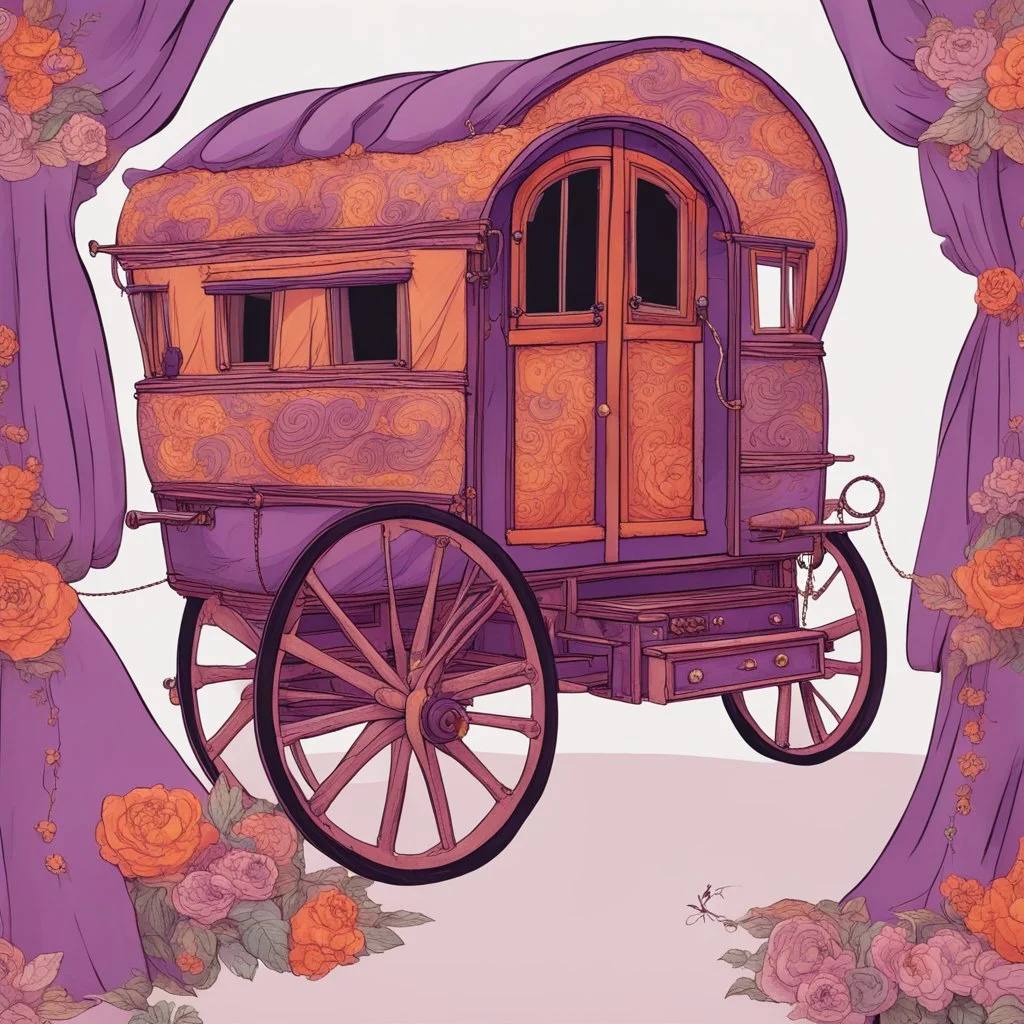 Old fashioned purple, orange and pink gypsy wagon decorated, curtains fluttering in the wind