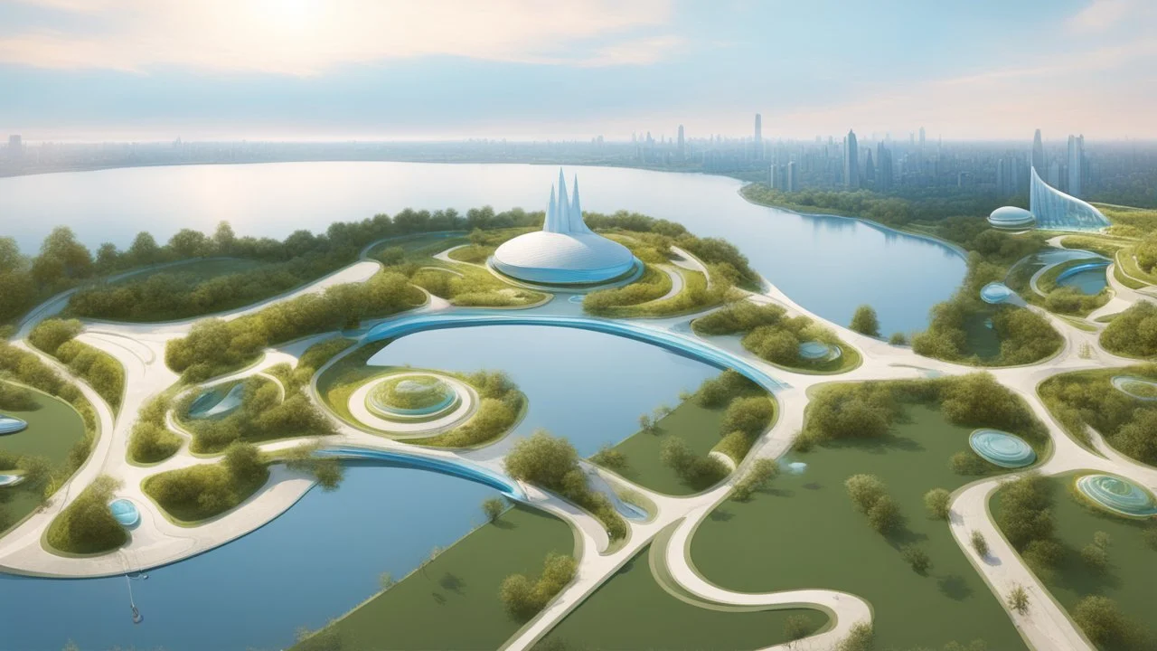 theme park of the city of the future 2050, fairy tale, radiance, abstraction, bird's eye view, walking park