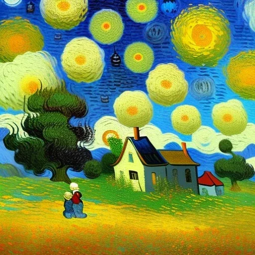 Dibujo al oleo de una pradera con una casa y unos niños con muchas nubes de colores estilo Vincent van Gogh