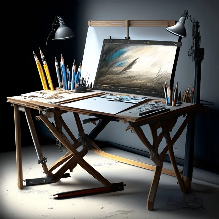 Drawing desk in a realistic art studio. Photo realistic