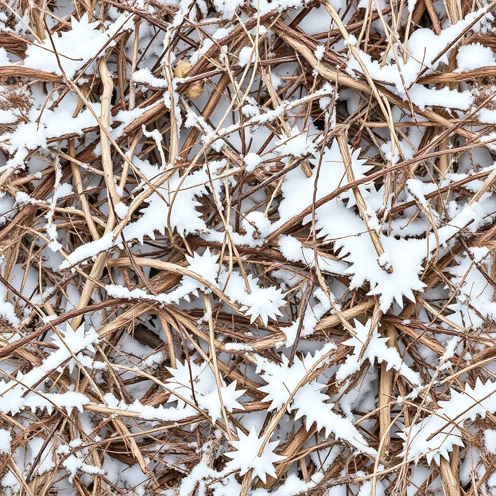 A detailed winter camouflage pattern. various shades of brown, beige, and off-white branches, twigs, and grasses covered in a layer of light gray and white snow. The branches are gnarled and textured, with varying thicknesses and shapes. The snow appears as a soft, subtle coating over the vegetation. The perspective is a close-up view of the camouflage pattern, filled with overlapping details that create a realistic representation of a wintry forest scene. muted colors, seamless tile