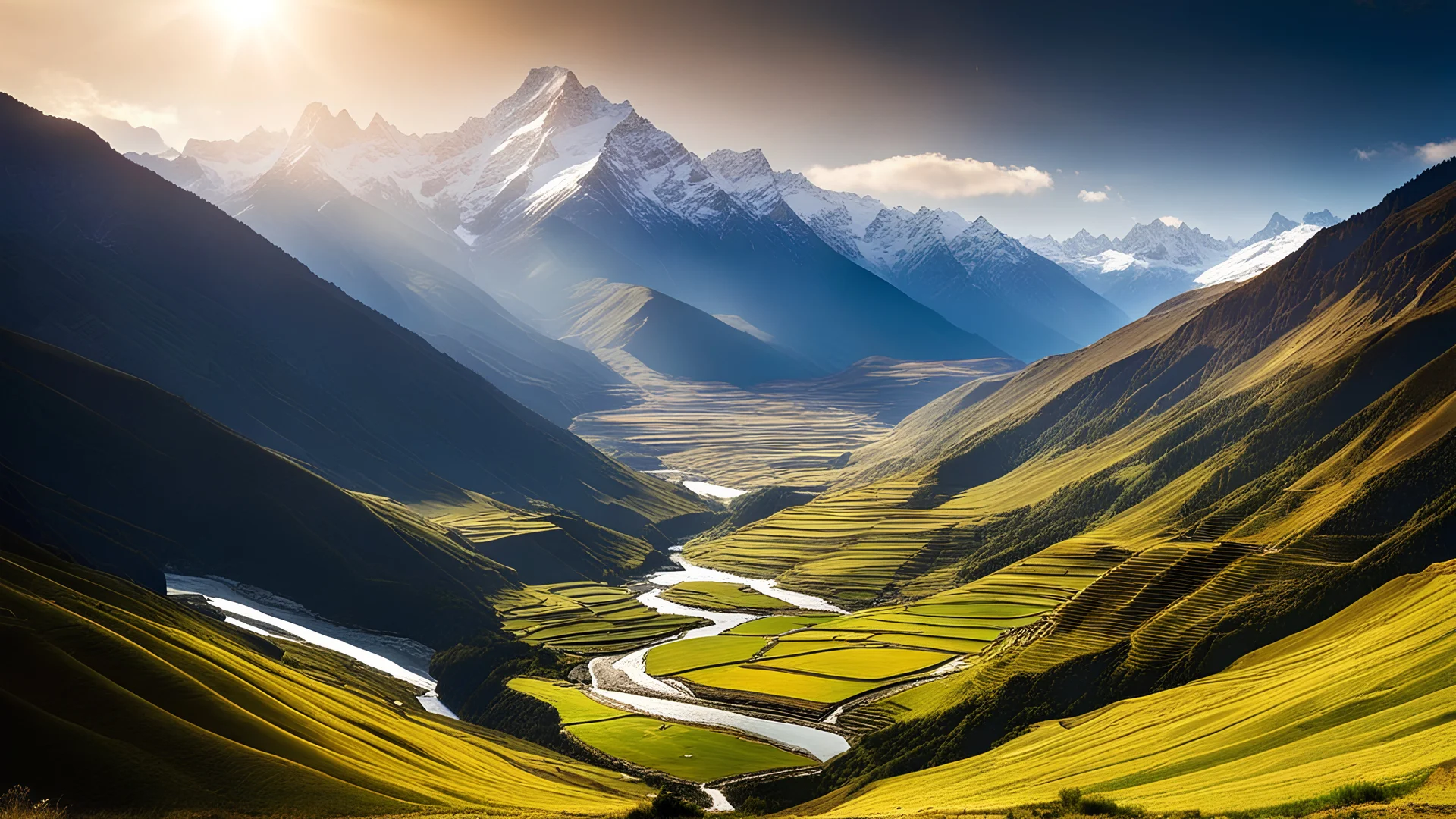 Majestic Himalayan landscape, terraced fields, steep slopes, distant enormous snow-capped mountains, river gorge, dramatic sunlight, chiaroscuro, beautiful composition