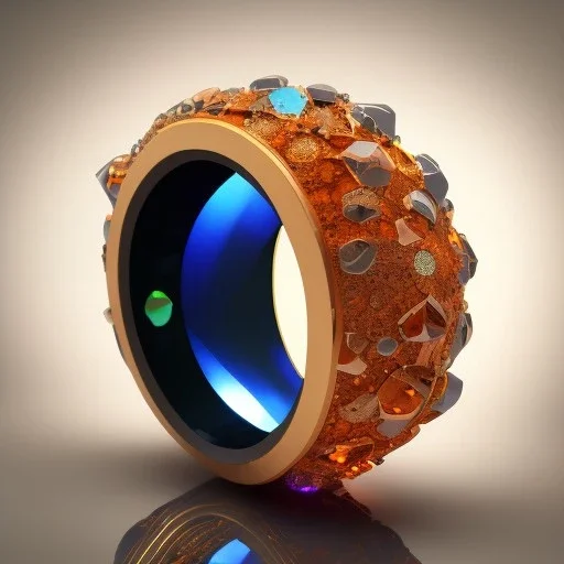 Ring made by wood roots and shreds of glass, orange diamonds sparkles, red rubi fragments around, blue lights reflexes, complex structure, gold details, intricate ring pattern,Unreal Engine 5, lens macro,sharp focus, realistic, hyper detailed, studio lighting, neon light ambient,