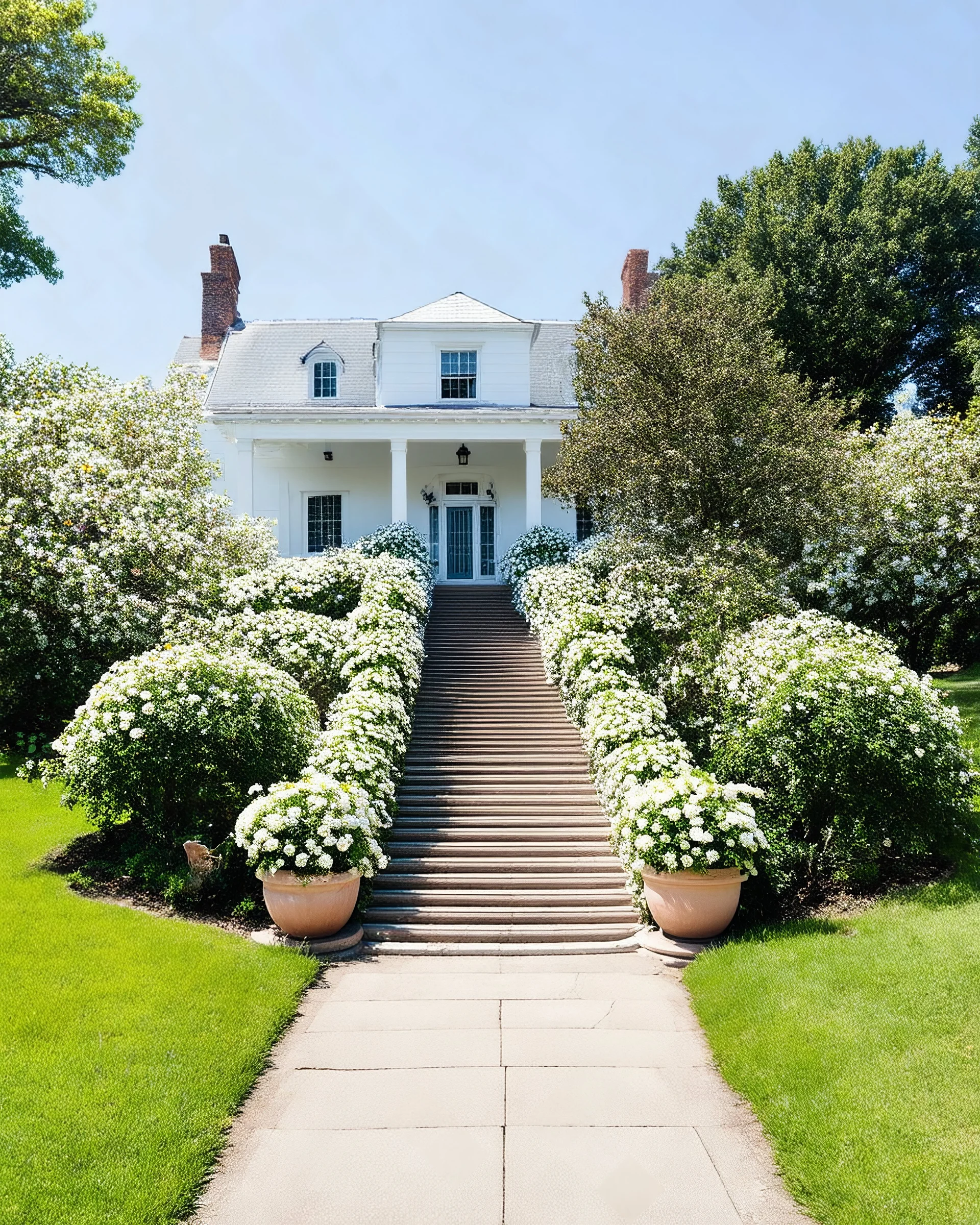 A White House with FlowerAdorned Sweeping Staircase.