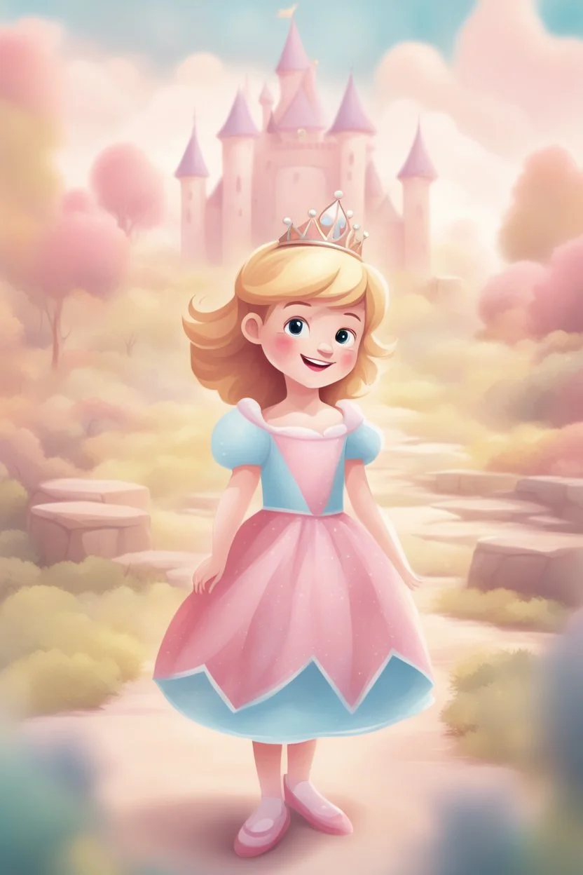 book cover for little girl wearing a princess costume re very happy, cartoon illustration style, 3D vector art, cute and quirky, fantasy art, water collor effect, bokeh, adobe illustrator, hand-drawn, digital painting, low-poly, soft lighting, bird's-eye view, isometric style, retro aesthetic, focused on the character, 4k resolution, photorealistic rendering, using cinema 4D