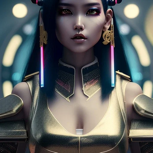 Rosalía, Cyborg anime samurai, cyberpunk, white skin, light black hair, geisha hairstyle, cobalt eyes, blood in face, waist up portrait, 8k resolution, retroanime, intricate details, neon details, soft lighting, vibrant colors, masterpiece, intricate eyeliner, dark eyeshadow, eyes, intricate tattoos, gradient background