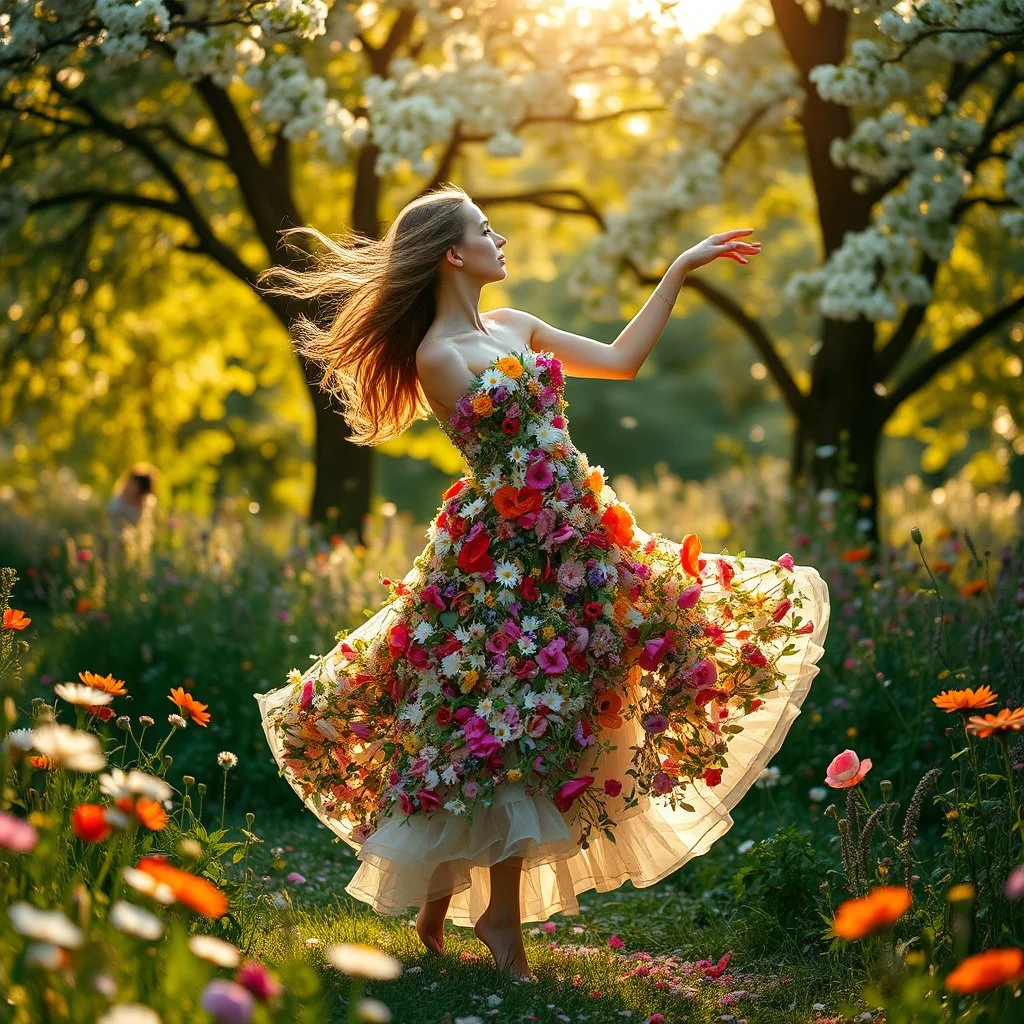 A beautiful ethereal woman dancing in place in a lush wildflower garden surrounded by blooming trees, her entire dress made of hundreds of tiny living flowers — daisies, poppies, cornflowers, and roses woven together. As she sways mid-dance, the flowers on her dress magically transform and shift into different blooms, petals swirling and reforming in real time, scattering loose petals into the air around her. Dappled golden sunlight filtering through the tree canopy, soft breeze, dreamy bokeh ba