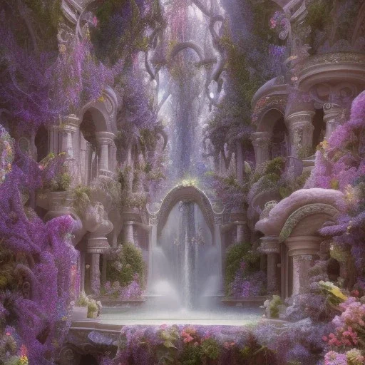 8K realistic dreamscape with magical white castle, Cascades of bright flowers, majestic, intricate, masterpiece, insanely detailed, cinematic smooth, intricate details , soft smooth lighting, soft smooth pastel colors, iridescent accents