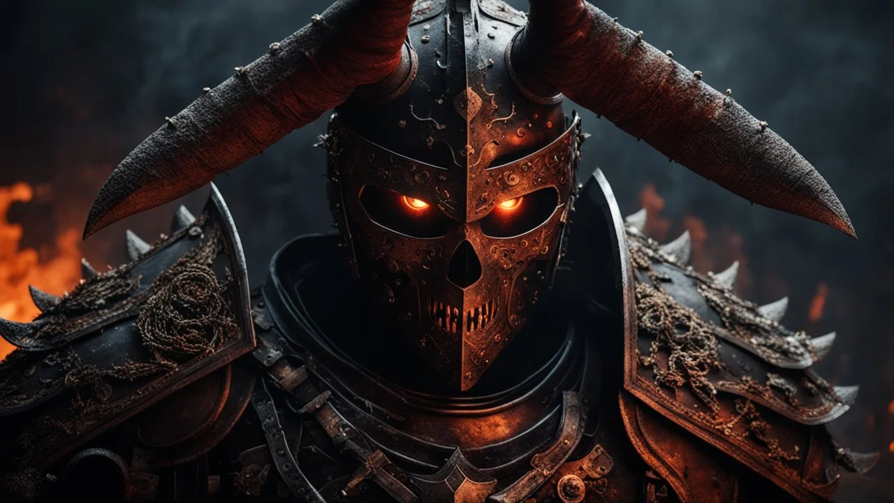 a warrior in a rusty armor with bones sticking out of his chest. his eyes are made of embers surrounded by smoke. he is fighting a demon orcus. dark horror setting. terrifying horror backgrund. blood, guts, gore. visceral.