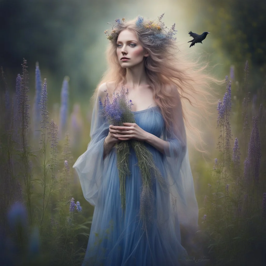 captivating conceptual portrait featuring a Swedish woman with cascading, ethereal hair and an enchanting aura. Her flowing gown is adorned with a diverse array of wildflowers, including Fireweed, Linden flower, Meadow sweet, Cornflower, St. John's wort, Stinging nettle, and Peppermint plant. Her delicate hand tenderly touches a mystical blackbird