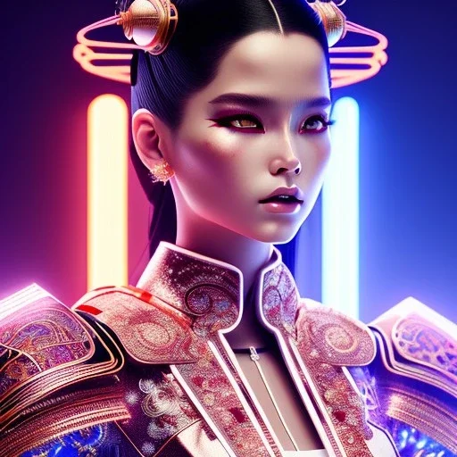 Rosalía, Cyborg anime samurai, cyberpunk, white skin, light black hair, geisha hairstyle, cobalt eyes, blood in face, waist up portrait, 8k resolution, retroanime, intricate details, neon details, soft lighting, vibrant colors, masterpiece, intricate eyeliner, dark eyeshadow, eyes, intricate tattoos, gradient background