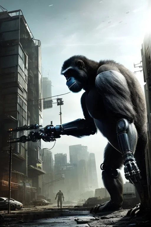 Cybernetic Robot Gorilla, post-apocalyptic in a cyberpunk city, realistic, intriacte detail, sci-fi fantasy style, volumetric lighting, particales,highly detailed,cinamatic, deep