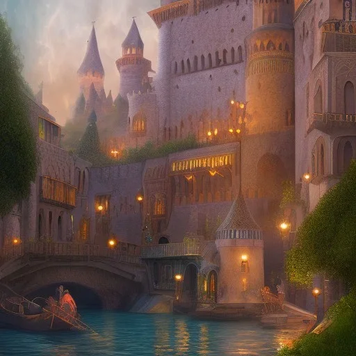 A magical moroccan gothic little town of witches with a castle and canals Nick Harris style