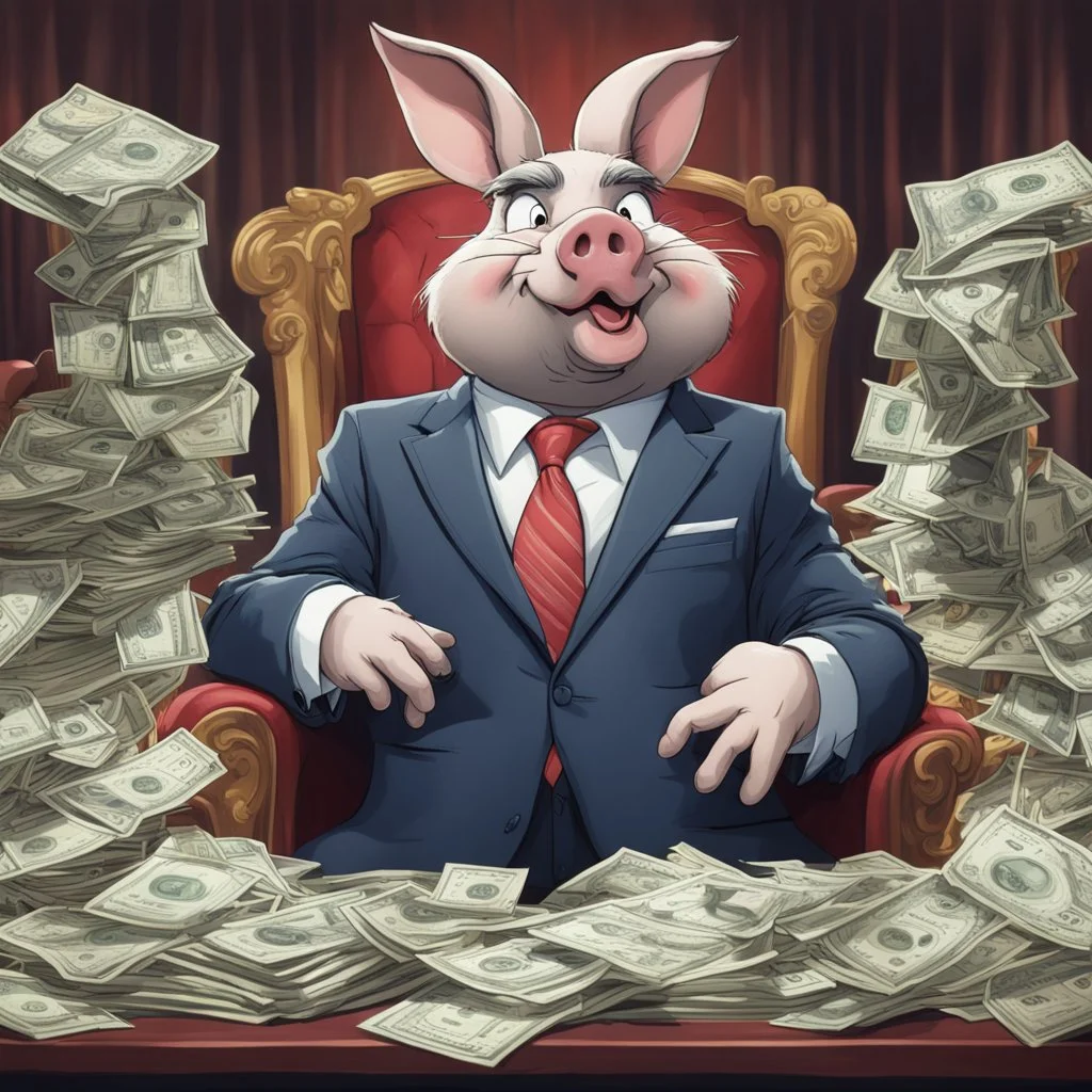 rich pig in suit on a throne making stacks of money by making a deal with a buisnessman. bugs bunny making sick beats in a background as he is known musician