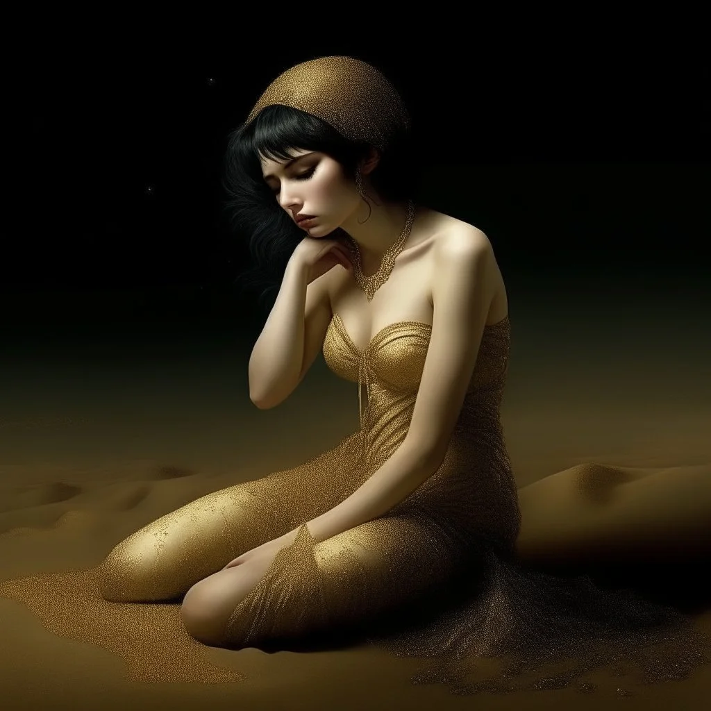 (Masterpiece1:5) By(Jan Saudek:Natalie Shau:1.5) (highest quality) (ultradetailed:1.5),bright Foreground with (gold sparkles floating Intricately through the painting:1.5),attractive and content black haired woman 😇, the beach with snoot lighting is the defining light source,gold dress melting into the sand 😅),dreamlike, (surreal:0.5) beach with soft sand, High contrasts, vibrant colors, flawless Composition,Soft Lighting Create Depth Of Field. accentuates the beauty of the