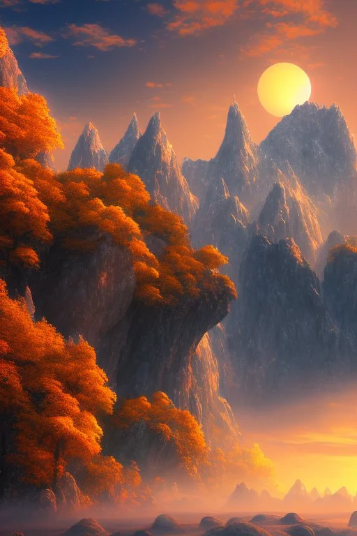 big rock mountains with and orange dawn sky with no clouds close montains anime style