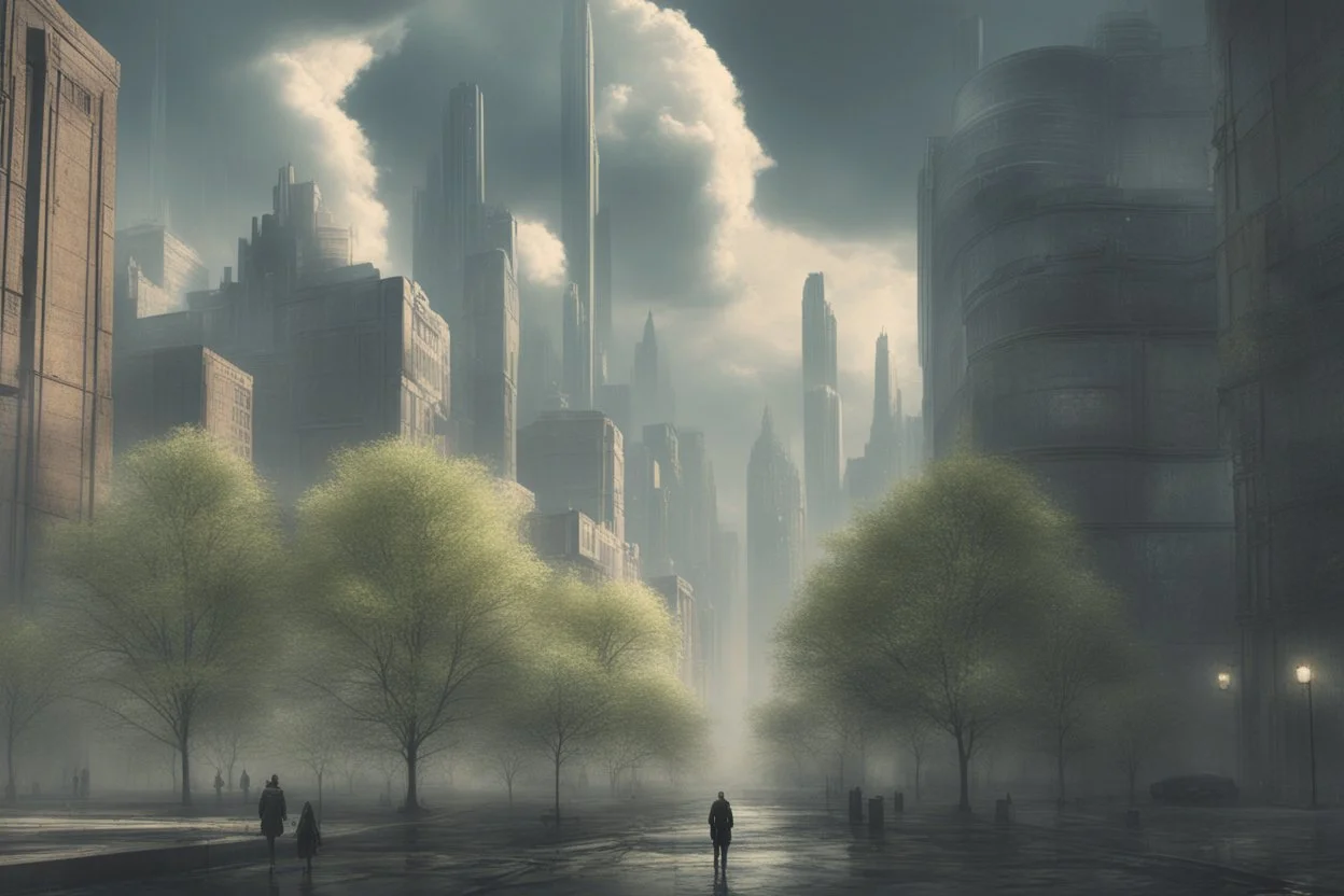 city, sci-fi, clouds, spring trees, people, gary numan and blade runner influence